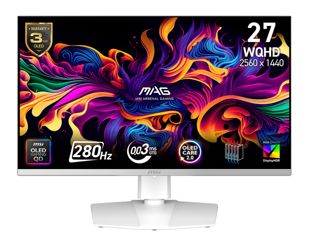 【2025熱銷推薦】MAG 272QPW QD-OLED X28 電競顯示器 (26.5吋OLED/ 量子點/ 280Hz/ 0.03ms/ PS5, XBOX無縫相容/ 白)
