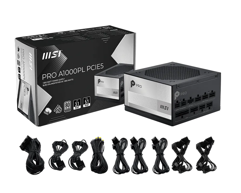 【福利品】MSI PRO A1000PL PCIE5 微星1000瓦電源供應器 (80 Plus 白金認證)